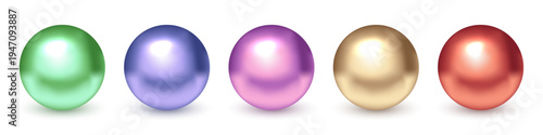 Metal balls. 3D color metallic spheres with reflections and shadows. Set of shiny reflective green, blue, violet, golden, red beads. Realistic vector illustration.