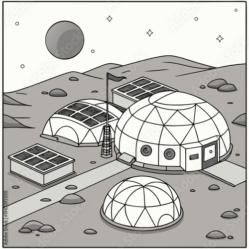 A futuristic mars colony with domed habitats