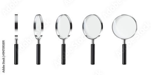 Magnifying glass set of five handled lenses in different angles and positions. 3D detailed loupe icons for search, zoom, inspection, scientific study concepts. Realistic vector illustration.