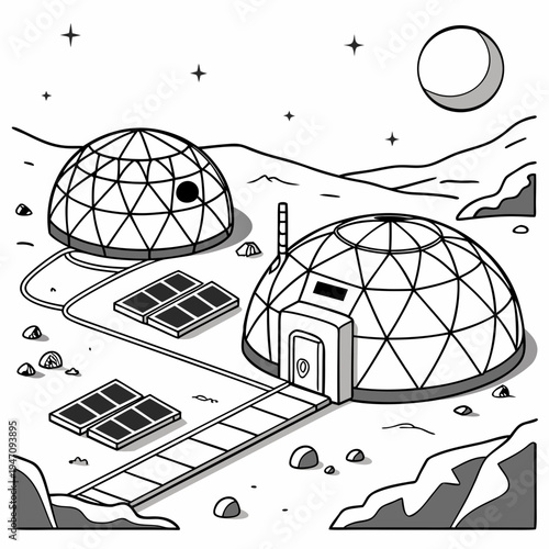 A futuristic lunar base with two domes and solar panels