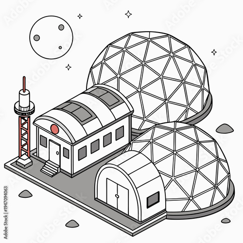 A space station with domes and a rocket