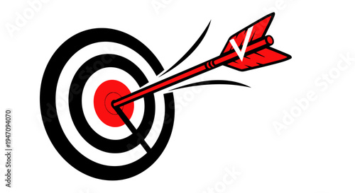 Red Dart with Letter V Hitting Bullseye on Black and White Target in Isolated White Background