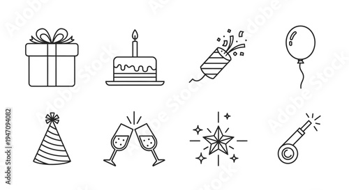 Minimalist celebration party and birthday outline icons set
