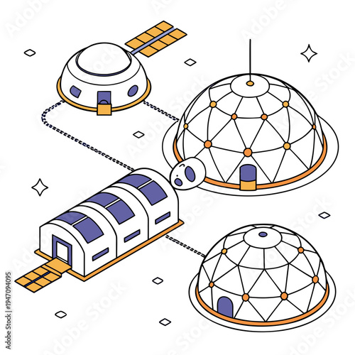 A space station with domed modules in orbit