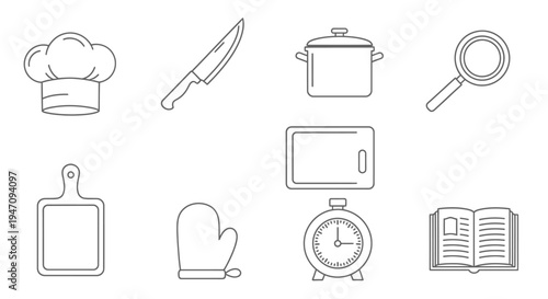 Minimalist cooking kitchen utensils line art icons set