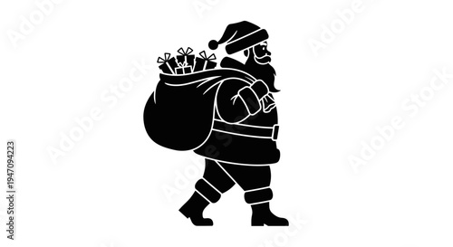 Classic black and white Santa Claus vector icon walking with a sack full of presents, embodying the spirit of holiday generosity and festive cheer