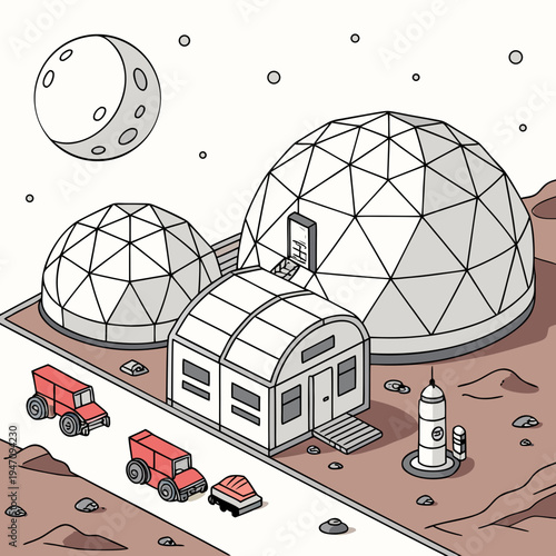 A futuristic lunar base with domes and a rocket