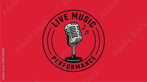 Vintage Microphone Live Music Performance Emblem.