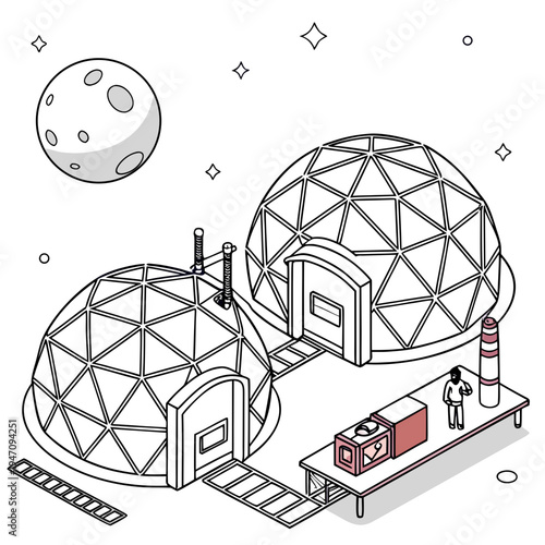 A geodesic dome house on a distant planet