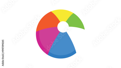 Brightly colored circular segmented graphic with various rainbow shades spiraling towards a white center on a clean background.