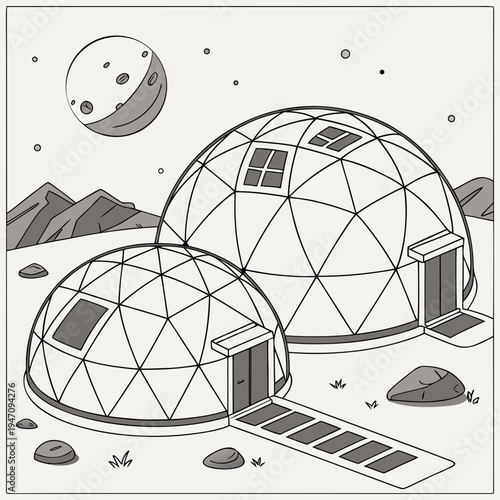 Dome shaped houses on a distant planet with a moon