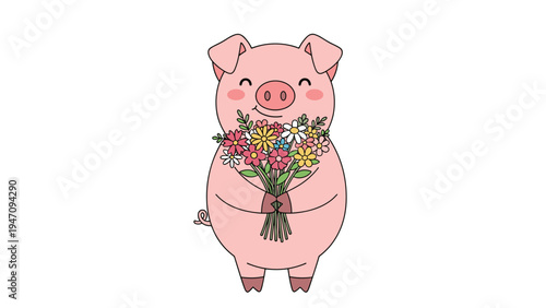 Cute pink cartoon pig character standing and holding a beautiful colorful bouquet of wild flowers with a happy smiling expression on its face.