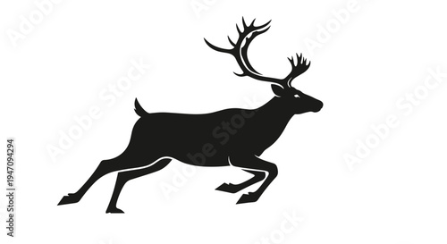 Silhouette vector illustration of a reindeer with large antlers galloping in motion on a white background, capturing the spirit of winter wildlife