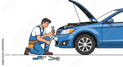 Mechanic working on blue car.
