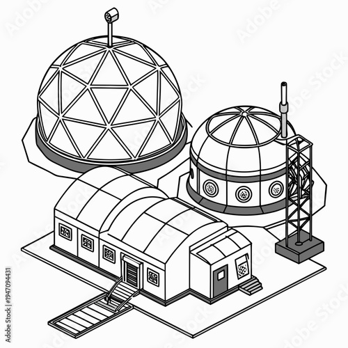 A geodesic dome and a space station with a satellite dish and a launch pad