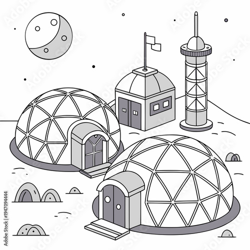 A futuristic lunar base with domes and a tower