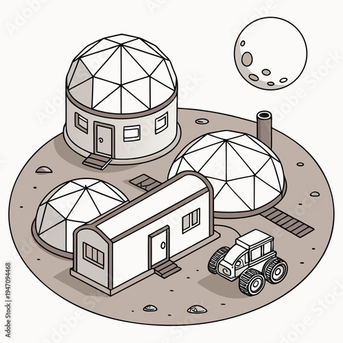 A futuristic lunar base with domes and a rover