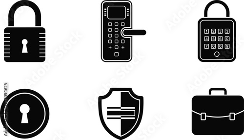 Security protection icons set, padlock digital lock shield briefcase symbols, cybersecurity and safety concept collection, flat vector illustration