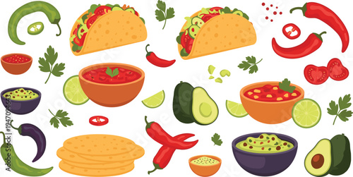 Mexican Taco Ingredients Illustration Set with Guacamole, Chili, Lime, Avocado, and Salsa for Food and Recipe Designs