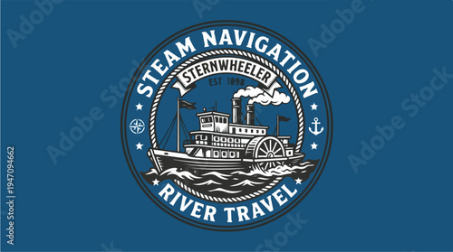 Vintage Sternwheeler Steamship on a River Emblematic Design.