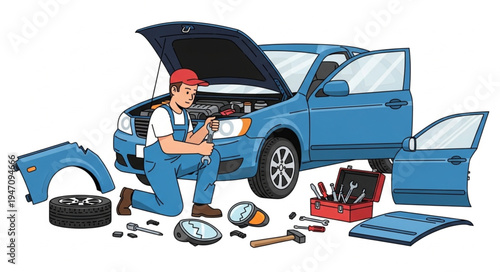 Mechanic Working on Blue Car.