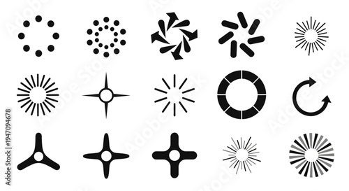 Collection of vector abstract radial graphics, circular loading icons, and starburst elements on a white background