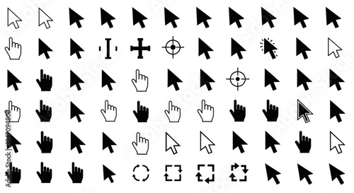 A comprehensive collection of diverse pointer cursor icons in vector format for user interface design and web development, featuring multiple cursor styles