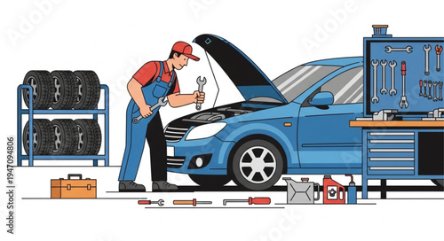 Mechanic working on blue car.