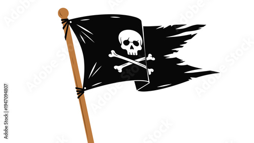 Ragged black pirate flag with a white skull and crossbones symbol attached to a wooden pole and fluttering against a white background.