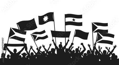 A compelling vector illustration depicting a spirited crowd, hands raised in solidarity, waving diverse national flags, symbolizing protest, unity, and collective action