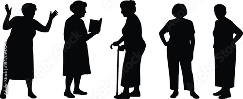 Senior women silhouettes collection showing elderly female characters standing reading walking with cane and gesturing isolated on white background aging lifestyle concept