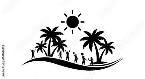 Black and white vector illustration of a family and friends enjoying a tropical beach vacation with palm trees and a bright sun, symbolizing fun and relaxation