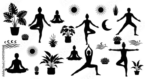 Serene wellness vector collection featuring diverse yoga poses, meditative figures, and natural elements like sun, moon, and plants, promoting peace and balance and a healthy lifestyle