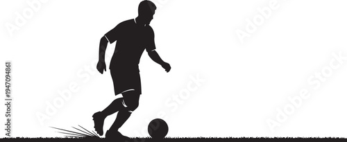 Dynamic black silhouette vector illustration of a male soccer player dribbling a football on a grassy field, ideal for sports branding, website graphics, or athletic event promotions.