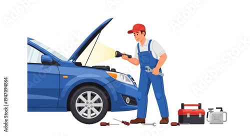 Mechanic working on blue car.