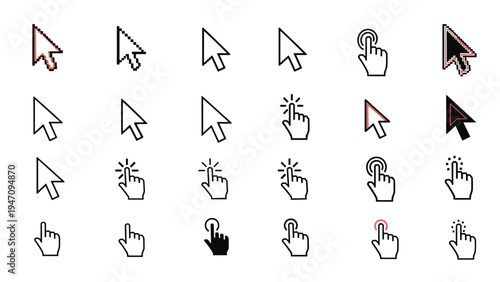 Comprehensive collection of various computer mouse cursors including arrow pointers and hand icons in different styles and orientations.