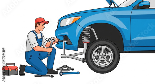 Mechanic Working on Blue Car.