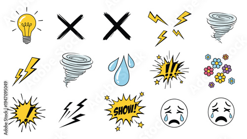 Hand drawn collection of comic style stickers featuring an idea lightbulb lightning bolts tornado flowers and crying faces.