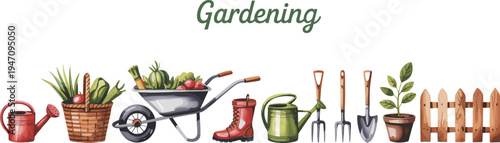 Watercolor gardening border with tools fence watering cans and basket of vegetables Description: A watercolor border of gardening