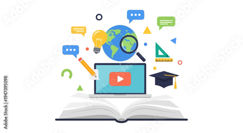 Global Online Education and E-Learning Concept Illustration. Digital Knowledge Acquisition, Academic Success, Research, and Video Tutorials on an Open Book and Laptop.