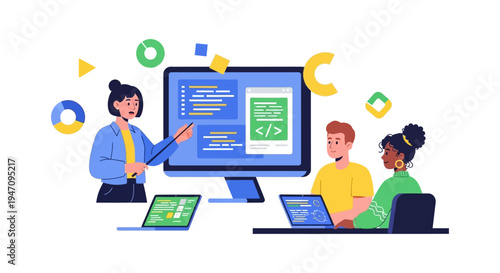 Coding Class and Programming Training. Diverse Students Learning Web Development and Software Engineering from a Female Instructor.