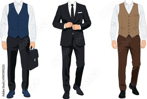 Elegant businessman outfit collection with formal suit vest and tie, professional male fashion clothing vector illustration isolated set
