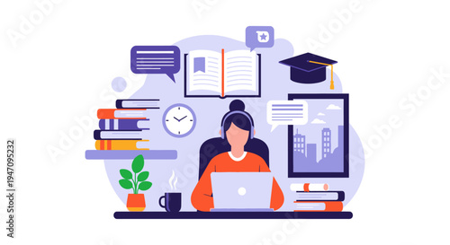 Online Education and E-Learning Concept. Female Student Studying Remotely Using Laptop and Headphones, Surrounded by Books, Graduation Cap, and Academic Icons.