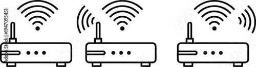 Wireless router icons showing WiFi signal strength levels, internet connectivity concept for network technology, smart home communication, flat vector illustration