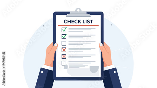 Hands holding a blue clipboard with a checklist showing green check marks and red cross marks against a light blue circular background.