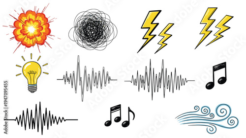 Selection of hand drawn energy and sound icons including explosions lightning bolts lightbulbs music notes and wind swirls.