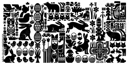 Traditional folk art Easter silhouette featuring Scandinavian spring nature animals decorated eggs religious elements modern graphic vector pack