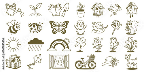 Cute vintage cartoon spring nature vector icon bundle featuring gardening elements wildlife characters weather and outdoor seasonal graphic design illustrations