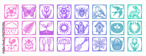 Spring nature block print vector icon bundle featuring gardening tools wildlife and botanical stamp illustrations for seasonal graphic design projects