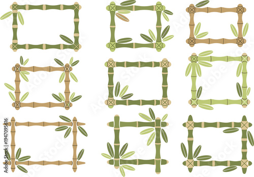 Natural bamboo frame vector set with green leaves for tropical border, exotic botanical organic summer design
